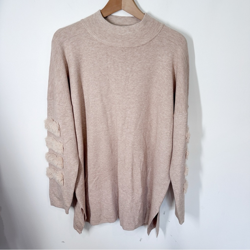 Cliche Beige Mock Neck Tunic Sweater XL Faux Fur - Picture 1 of 6